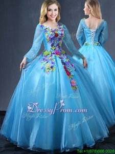 Edgy Appliques Quinceanera Dress Baby Blue Lace Up Long Sleeves Floor Length