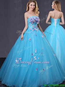 Suitable Baby Blue Sleeveless Tulle Lace Up Quince Ball Gowns forMilitary Ball and Sweet 16 and Quinceanera