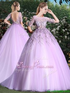 Smart Lilac Short Sleeves Tulle Brush Train Backless Quince Ball Gowns forMilitary Ball and Sweet 16 and Quinceanera