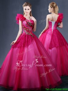 Low Price Fuchsia Tulle Lace Up One Shoulder Sleeveless Floor Length Sweet 16 Dress Lace and Appliques and Ruffles