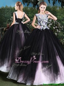 Shining Ball Gowns Sweet 16 Quinceanera Dress Pink And Black Scoop Tulle Sleeveless Floor Length Lace Up