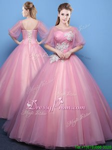 Captivating Scoop Half Sleeves Lace Up Quinceanera Gowns Pink Tulle