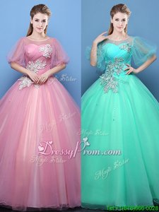 Beautiful Spring and Summer and Fall and Winter Tulle Half Sleeves Floor Length 15th Birthday Dress andAppliques