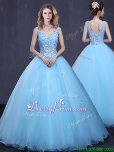 Free and Easy Light Blue Ball Gown Prom Dress Military Ball and Sweet 16 and Quinceanera and For withLace and Appliques V-neck Sleeveless Lace Up