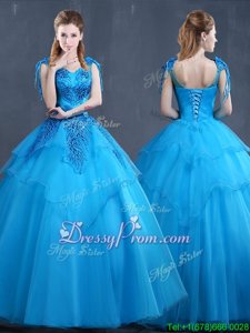 Eye-catching Baby Blue Ball Gowns Tulle V-neck Sleeveless Appliques Floor Length Lace Up Sweet 16 Dresses