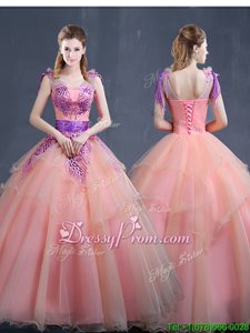 Glittering V-neck Sleeveless Organza Quinceanera Dresses Appliques Lace Up