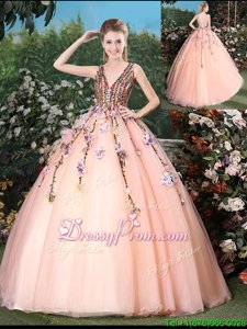 Fantastic With Train Ball Gowns Sleeveless Peach Ball Gown Prom Dress Brush Train Lace Up