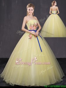 Glamorous Yellow Tulle Lace Up Strapless Sleeveless Floor Length Quinceanera Dress Appliques