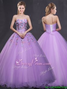 Edgy Floor Length Lace Up 15 Quinceanera Dress Lavender and In forMilitary Ball and Sweet 16 and Quinceanera withAppliques