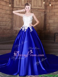 Discount Royal Blue Lace Up Scoop Appliques Sweet 16 Quinceanera Dress Elastic Woven Satin Sleeveless Court Train