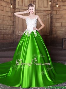 Fitting Spring Green Elastic Woven Satin Lace Up Scoop Sleeveless Floor Length Quinceanera Dress Appliques