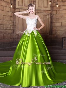 Popular Sleeveless Court Train Lace Up With Train Lace and Appliques Quinceanera Gowns