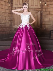 High Quality Appliques 15th Birthday Dress Fuchsia Lace Up Sleeveless With Train Court Train