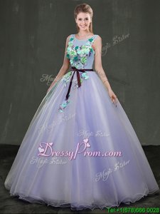Exceptional Lavender Ball Gowns Scoop Sleeveless Organza Floor Length Lace Up Appliques Vestidos de Quinceanera