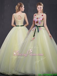 Fantastic Light Yellow Organza Lace Up 15 Quinceanera Dress Sleeveless Floor Length Appliques