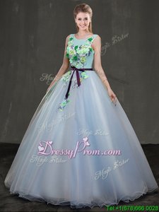 Artistic Light Blue Ball Gowns Appliques Quince Ball Gowns Lace Up Organza Sleeveless Floor Length