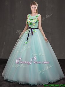 Deluxe Scoop Sleeveless Lace Up Ball Gown Prom Dress Apple Green Organza