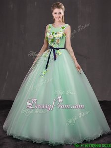 Charming Sleeveless Floor Length Appliques Lace Up Ball Gown Prom Dress with Apple Green