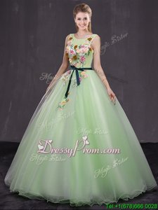 Great Yellow Green Quinceanera Gown Military Ball and Sweet 16 and Quinceanera and For withAppliques Scoop Sleeveless Lace Up