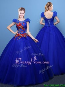 Spring and Summer and Fall and Winter Tulle Short Sleeves Floor Length Vestidos de Quinceanera andAppliques