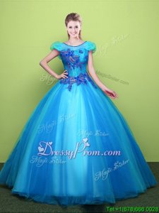 Top Selling Baby Blue Ball Gowns Tulle Scoop Short Sleeves Appliques Floor Length Lace Up Quinceanera Gown