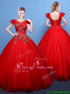Custom Design Ball Gowns Quinceanera Dresses Red Scoop Tulle Short Sleeves Floor Length Lace Up