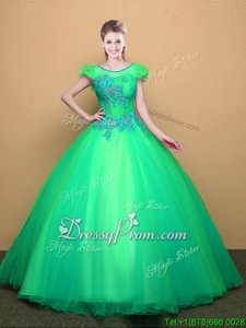 Appliques Quinceanera Gowns Turquoise Lace Up Short Sleeves Floor Length