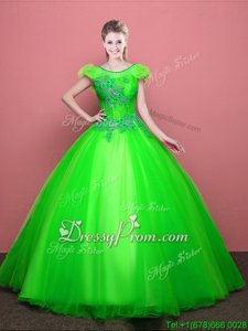 Modern Spring Green Ball Gowns Appliques Sweet 16 Dress Lace Up Tulle Short Sleeves Floor Length
