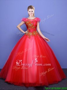 Exquisite Coral Red Scoop Neckline Appliques 15th Birthday Dress Short Sleeves Lace Up