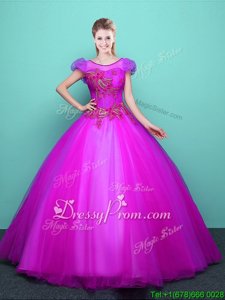 Classical Ball Gowns 15th Birthday Dress Fuchsia Scoop Tulle Short Sleeves Floor Length Lace Up