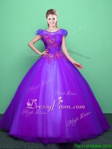 Superior Floor Length Purple Quinceanera Dress Tulle Short Sleeves Spring and Summer and Fall and Winter Appliques
