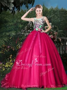 Hot Pink Quince Ball Gowns Scoop Sleeveless Brush Train Zipper