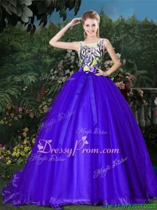 Modern Organza Scoop Sleeveless Brush Train Zipper Appliques and Belt Quinceanera Dress inBlue