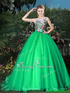 Elegant Green Sleeveless Organza Brush Train Zipper Quinceanera Gown forMilitary Ball and Sweet 16 and Quinceanera
