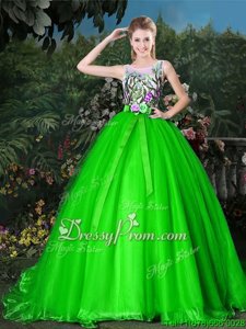 Custom Designed Spring Green Scoop Zipper Appliques and Belt 15th Birthday Dress Brush Train Sleeveless