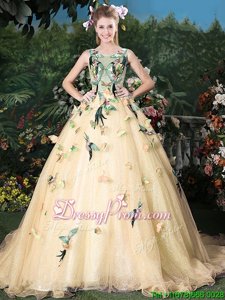 Beauteous Champagne Quinceanera Dress Organza Brush Train Sleeveless Spring and Summer and Fall and Winter Appliques