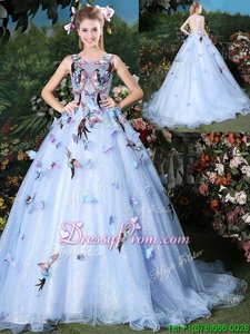 Top Selling Organza Scoop Sleeveless Brush Train Lace Up Appliques Sweet 16 Quinceanera Dress inLight Blue