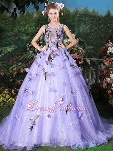Traditional Lace Up Sweet 16 Quinceanera Dress Lavender and In forMilitary Ball and Sweet 16 and Quinceanera withAppliques Brush Train