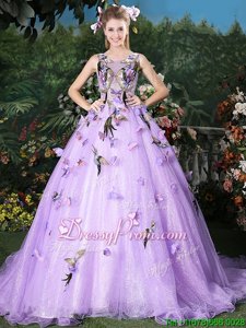 Latest Spring and Summer and Fall and Winter Organza Sleeveless Quince Ball Gowns Brush Train andAppliques