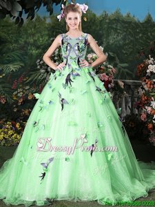Fashion Scoop Sleeveless Quinceanera Gowns Brush Train Appliques Apple Green Organza