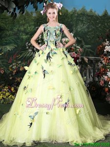 Sumptuous Light Yellow Ball Gowns Appliques Sweet 16 Dress Zipper Organza Sleeveless