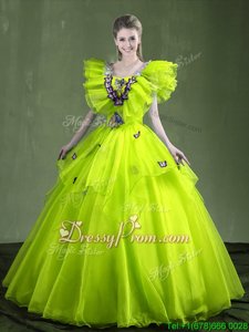 Beauteous Yellow Green Ball Gowns Sweetheart Sleeveless Organza Floor Length Lace Up Appliques and Ruffles 15 Quinceanera Dress