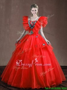 Floor Length Red 15th Birthday Dress Organza Sleeveless Spring and Summer and Fall and Winter Appliques and Ruffles