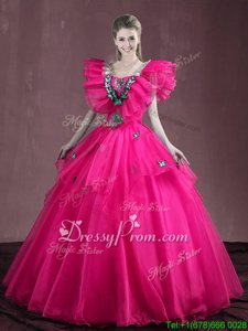 Fabulous Hot Pink Organza Lace Up Sweet 16 Quinceanera Dress Sleeveless Floor Length Appliques and Ruffles