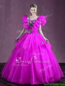 Sweet Purple Organza Lace Up Sweetheart Sleeveless Floor Length Quince Ball Gowns Appliques and Ruffles