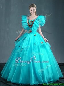 Modest Sleeveless Organza Floor Length Lace Up Quinceanera Dress inAqua Blue forSpring and Summer and Fall and Winter withEmbroidery