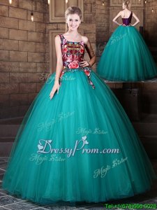 Pretty Teal Ball Gowns Tulle One Shoulder Sleeveless Pattern Floor Length Lace Up Quinceanera Dresses