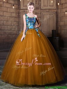 Extravagant Brown One Shoulder Neckline Pattern Vestidos de Quinceanera Sleeveless Lace Up