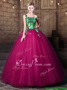 One Shoulder Sleeveless Lace Up 15 Quinceanera Dress Fuchsia Tulle