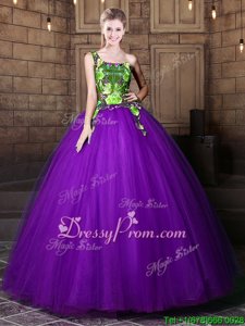 Hot Sale Floor Length Eggplant Purple Sweet 16 Dresses Tulle Sleeveless Spring and Summer and Fall and Winter Pattern